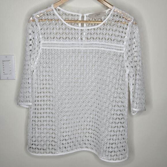LOFT White Lace 3/4 Length Sleeve Layering Top Size XS - Picture 1 of 10